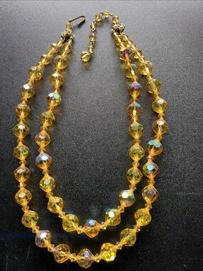 Vintage Necklace Double Strands Faceted, Amber-Colored Crystals